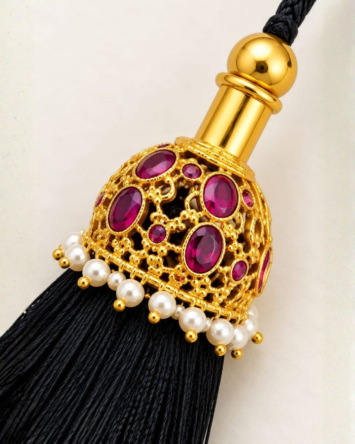 Gold Plated Black Tassel Hair Accessory with Ruby Stones