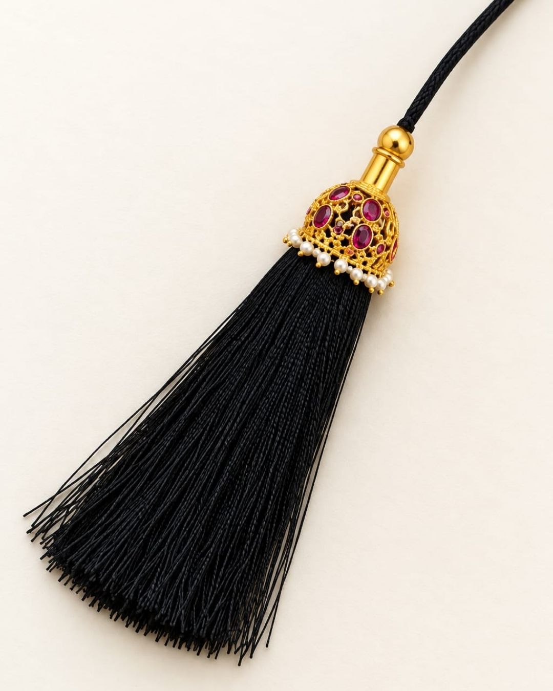 Gold Plated Black Tassel Hair Accessory with Ruby Stones