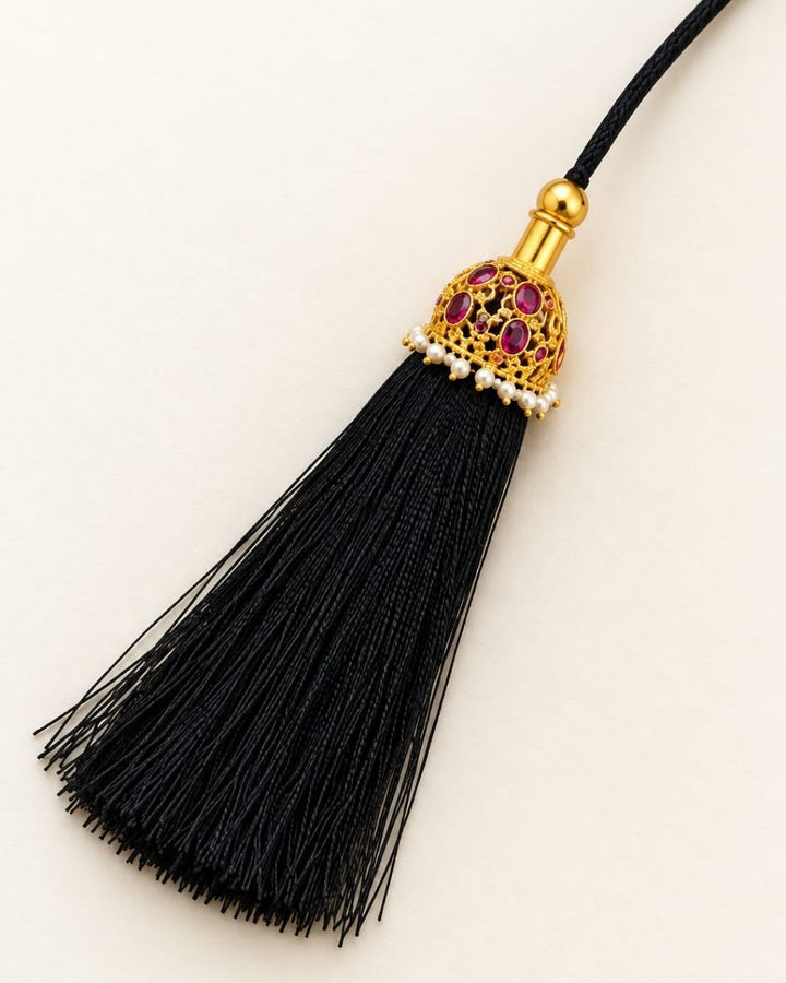 Gold Plated Black Tassel Hair Accessory with Ruby Stones