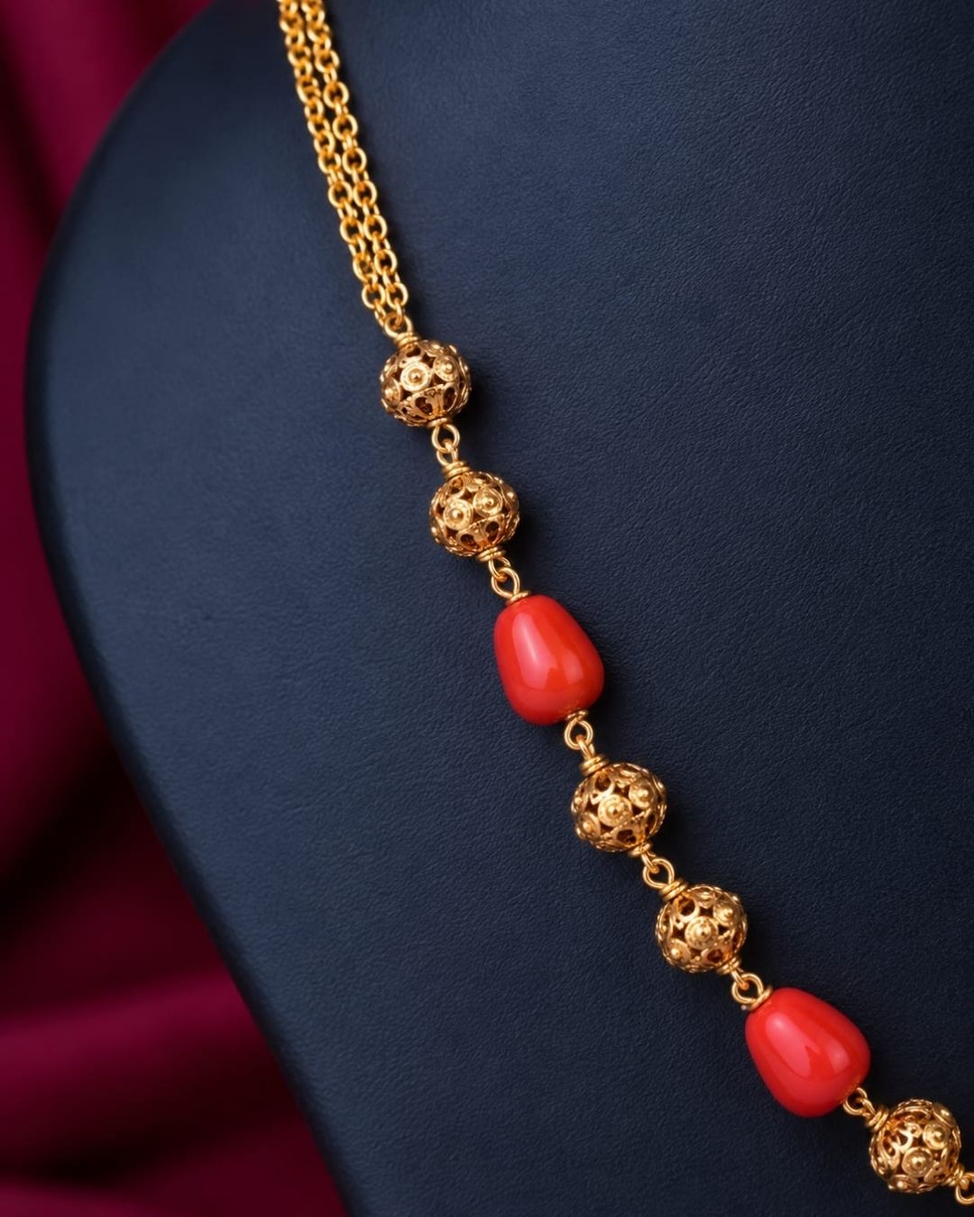 Gold Plated Orange Coral Bead Mala Necklace for Women