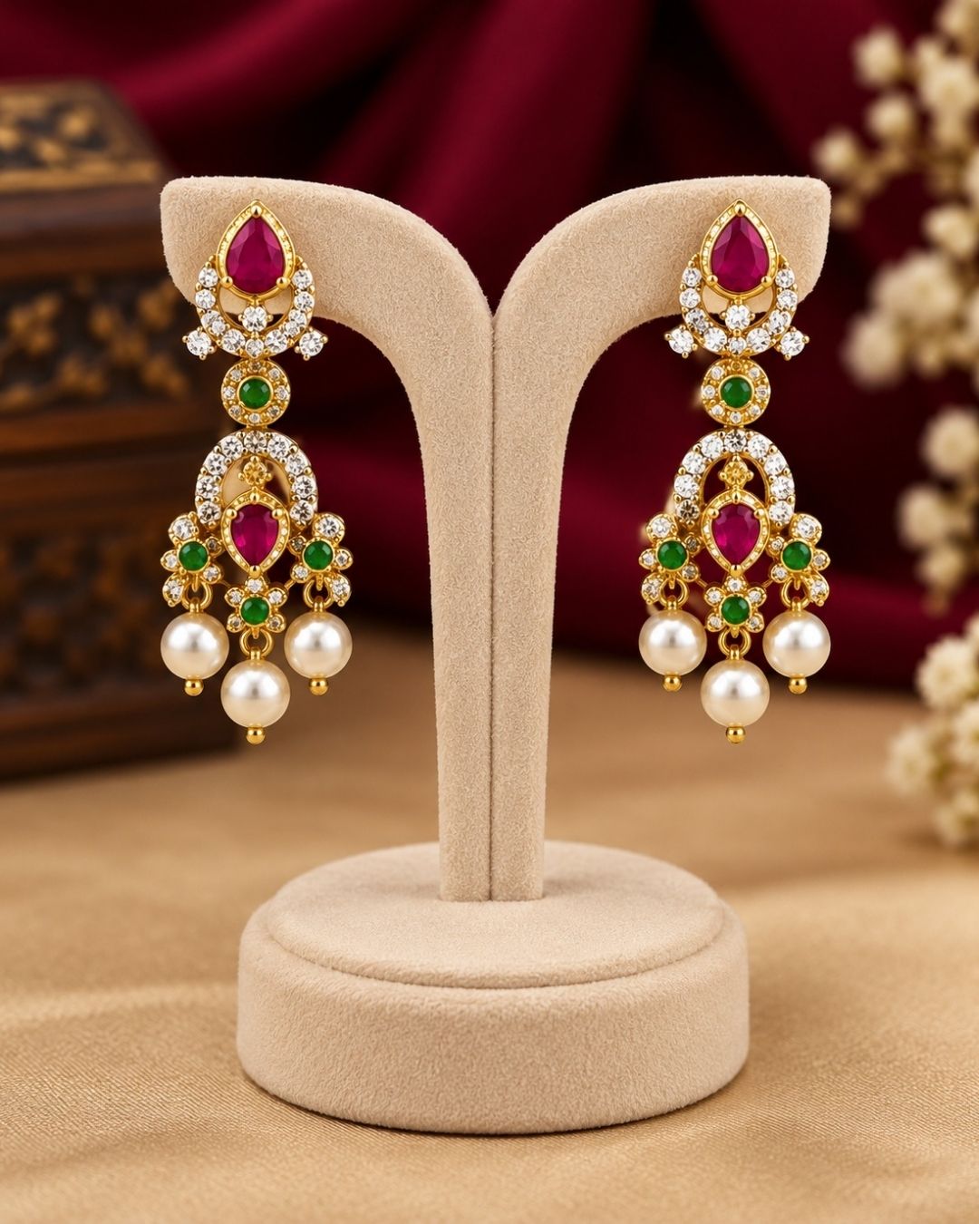 Zircon Diamond Pearl Drop Gold Plated Necklace With Earrings