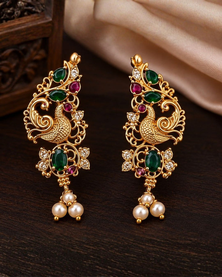 Gold Plated Guttapusalu Necklace Set with Peacock Design Earrings