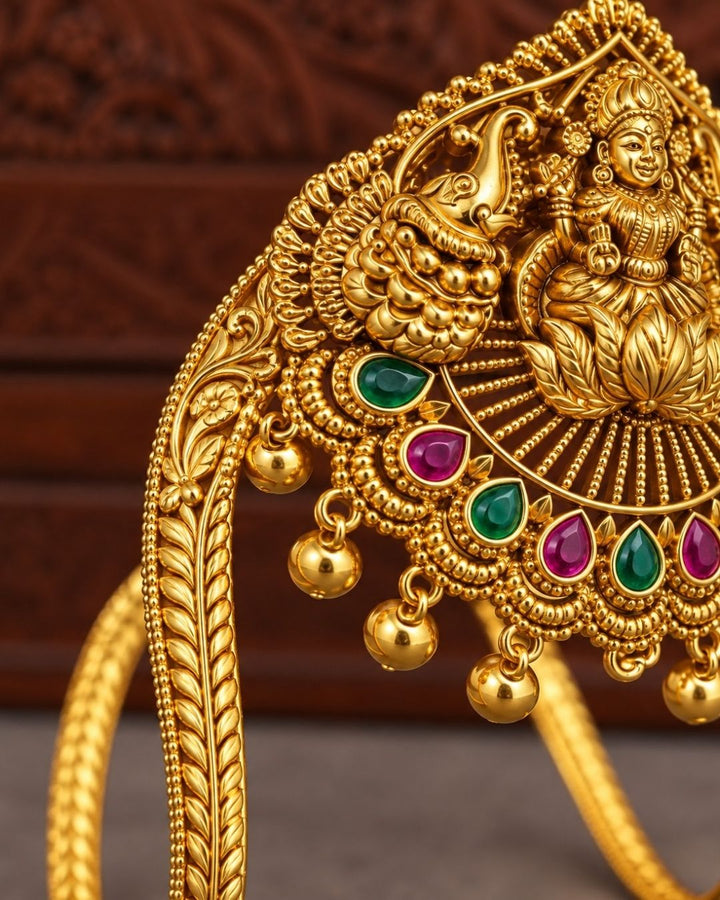 Gold Plated Lakshmi Devi Green and Ruby Stone Vanki Armlet