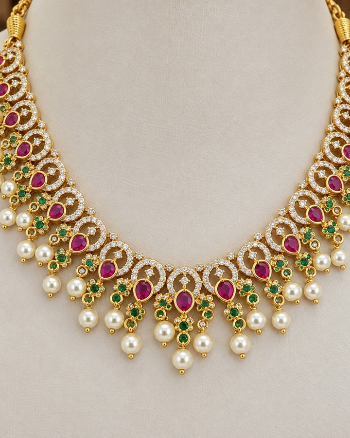 Zircon Diamond Pearl Drop Gold Plated Necklace With Earrings