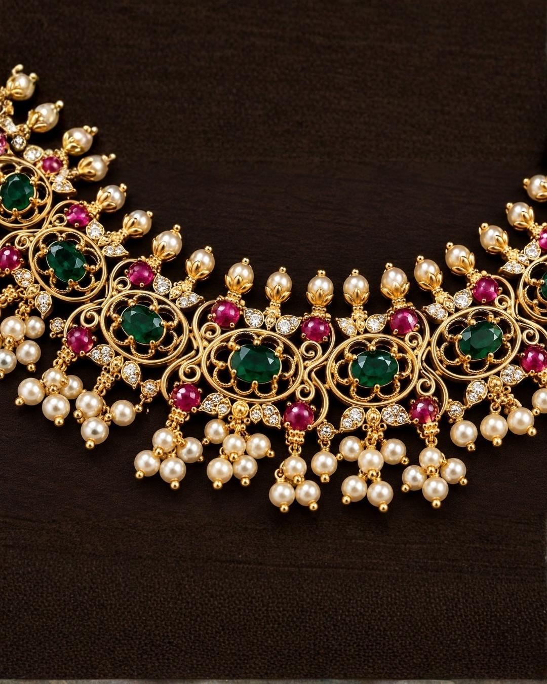 Gold Plated Guttapusalu Necklace Set with Peacock Design Earrings