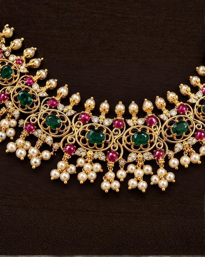 Gold Plated Guttapusalu Necklace Set with Peacock Design Earrings