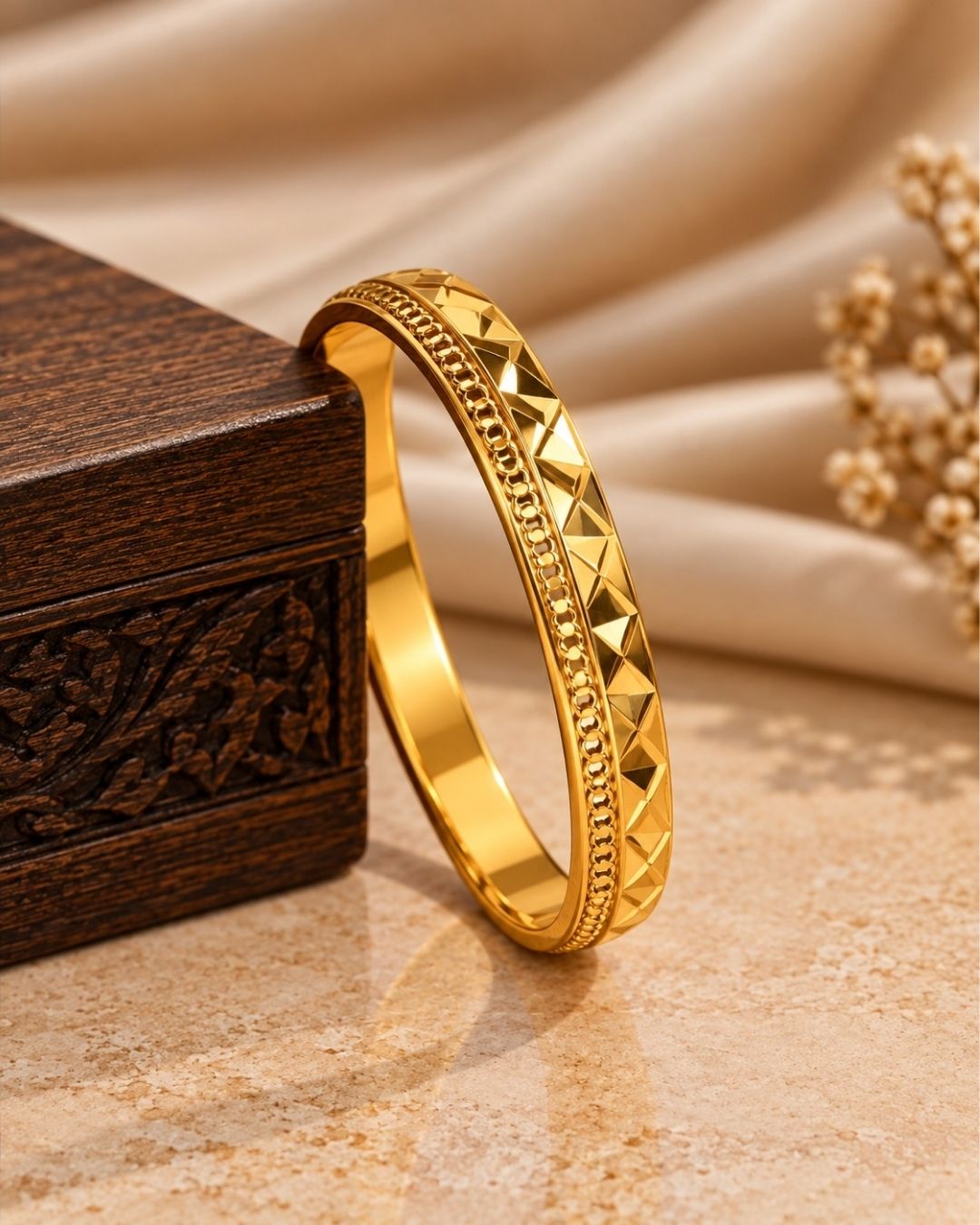 Gold Plated Men’s Kada with Geometric Diamond-Cut Design