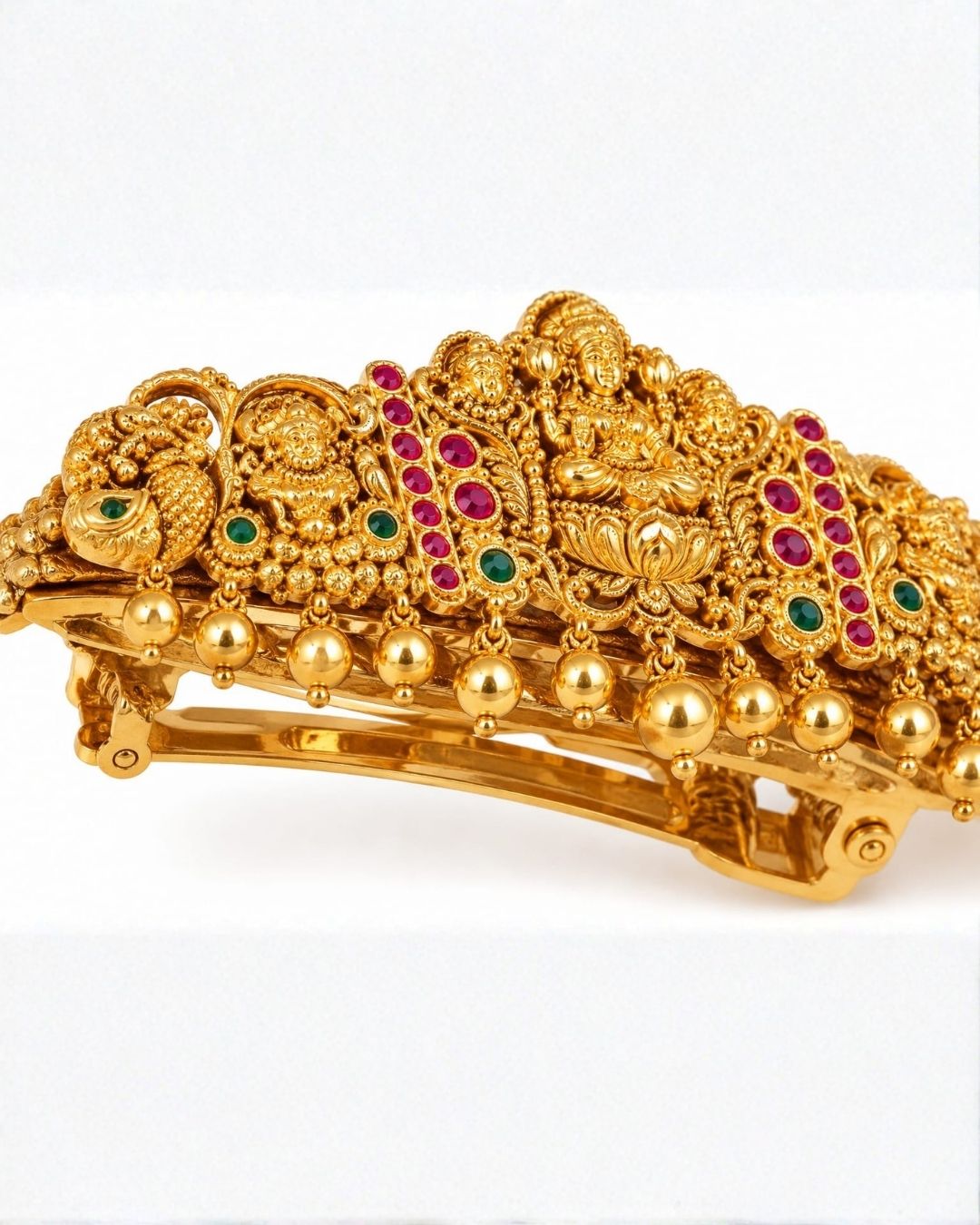 Gold Plated Lakshmi Devi Green and Ruby Stone Hair Clip