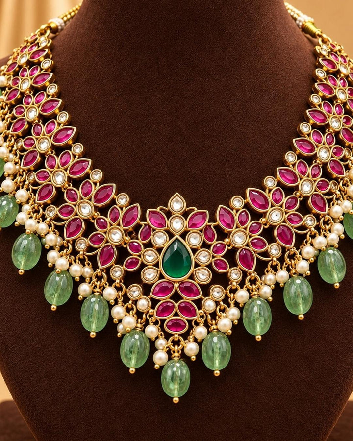 Kundan Gold Plated Real Kempu Necklace Set