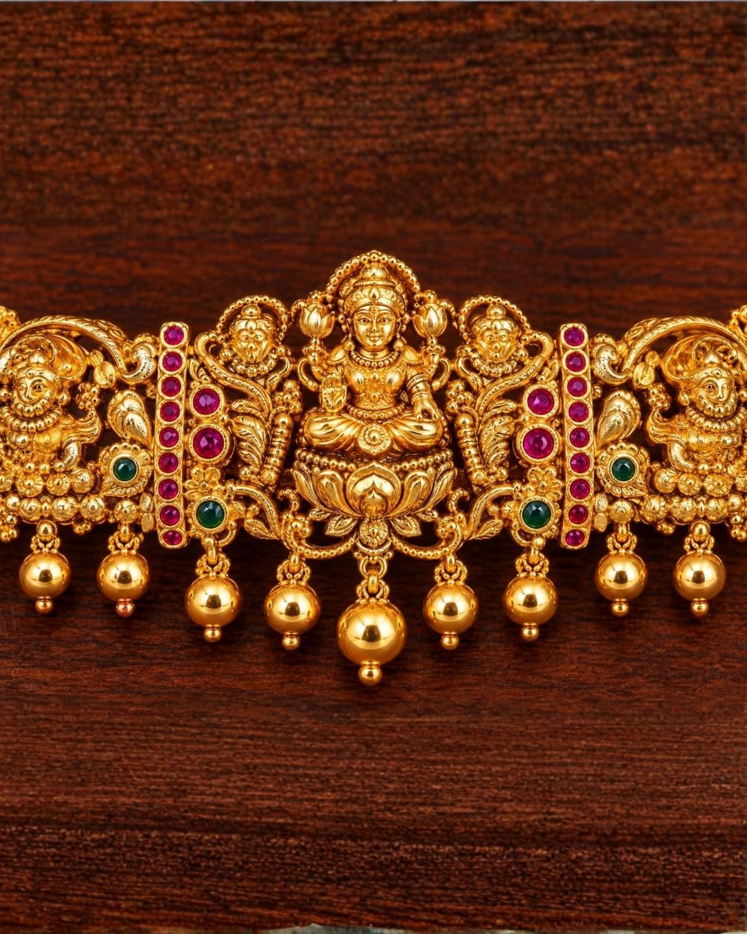 Gold Plated Lakshmi Devi Green and Ruby Stone Hair Clip