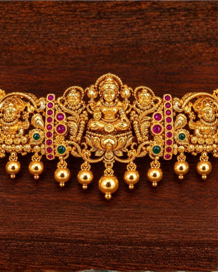 Gold Plated Lakshmi Devi Green and Ruby Stone Hair Clip