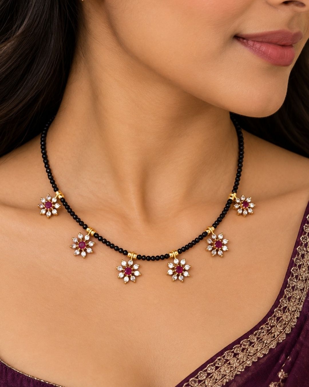 Gold Plated Zircon Diamond Flower Mangalsutra