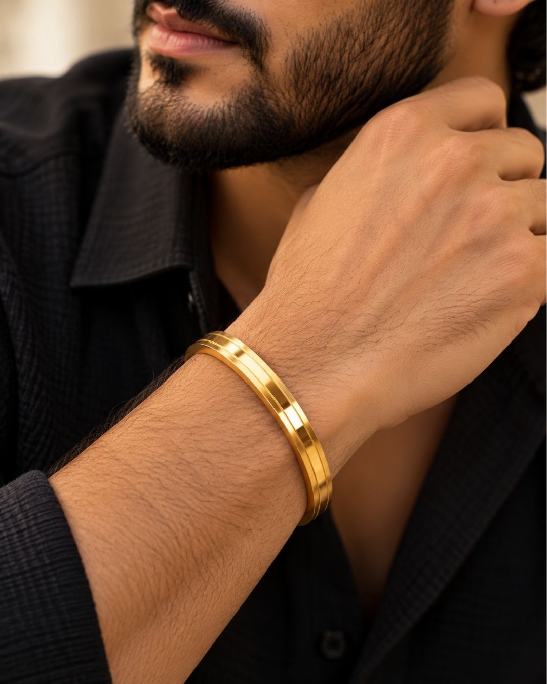 Gold Plated Mens Kada with Elegant Triple-Line Design