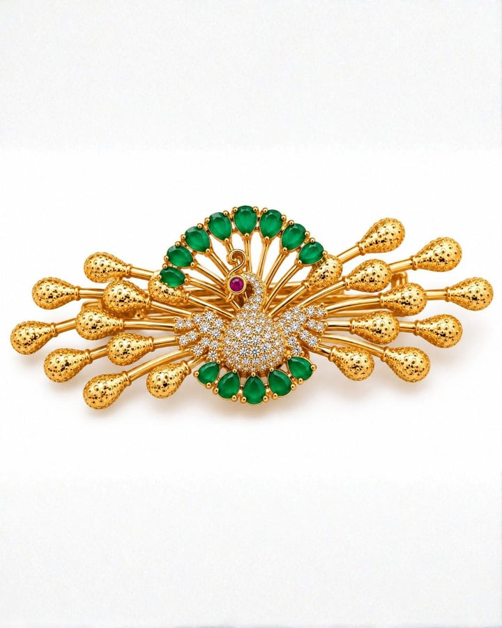 Gold Plated Peacock Green Stone Designer Hair Clip