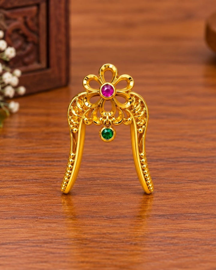Gold Plated Floral Ring with Ruby and Green Stones
