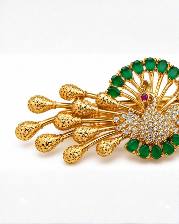 Gold Plated Peacock Green Stone Designer Hair Clip