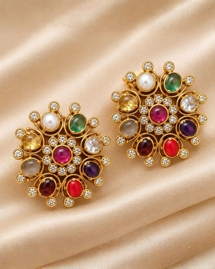 Kundan Gold Plated Navaratna Studs