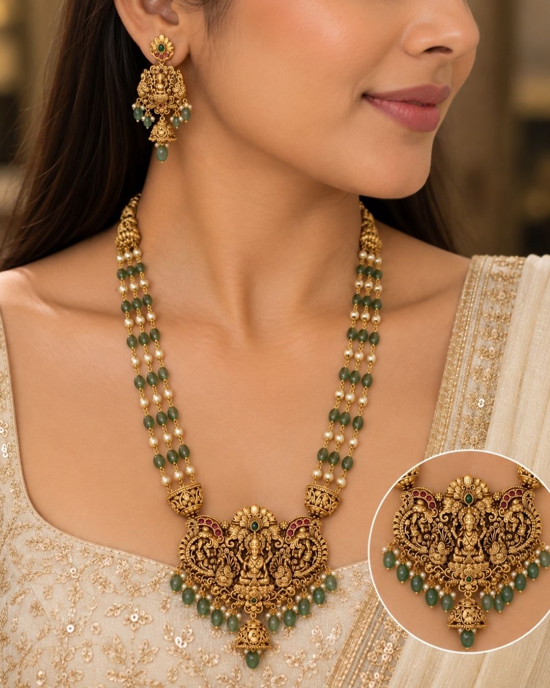 Gold Plated Elegant Laxmi Temple Beaded Necklace Set