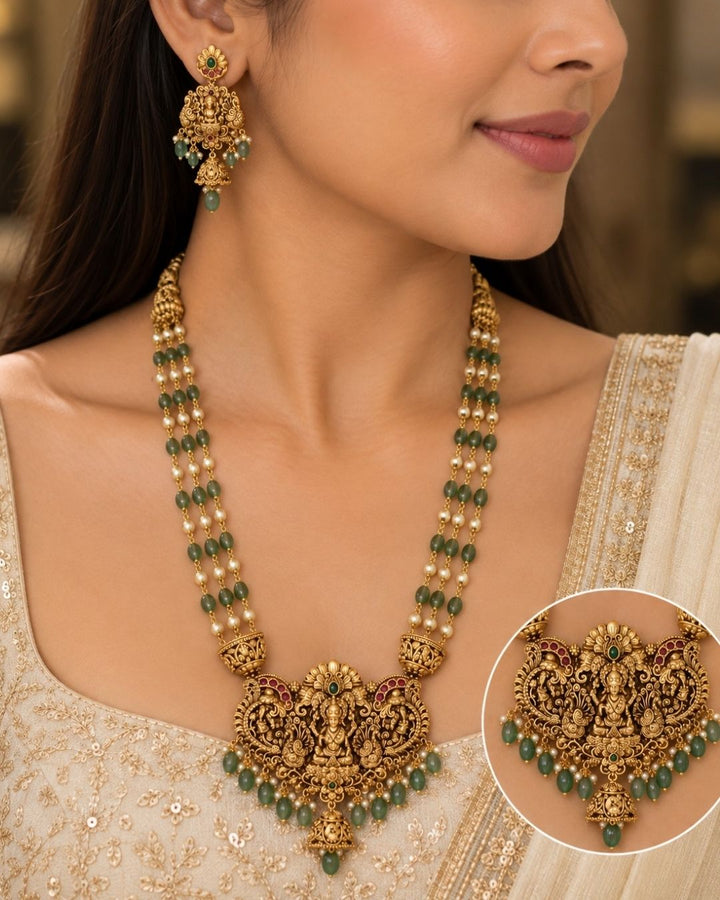 Gold Plated Elegant Laxmi Temple Beaded Necklace Set