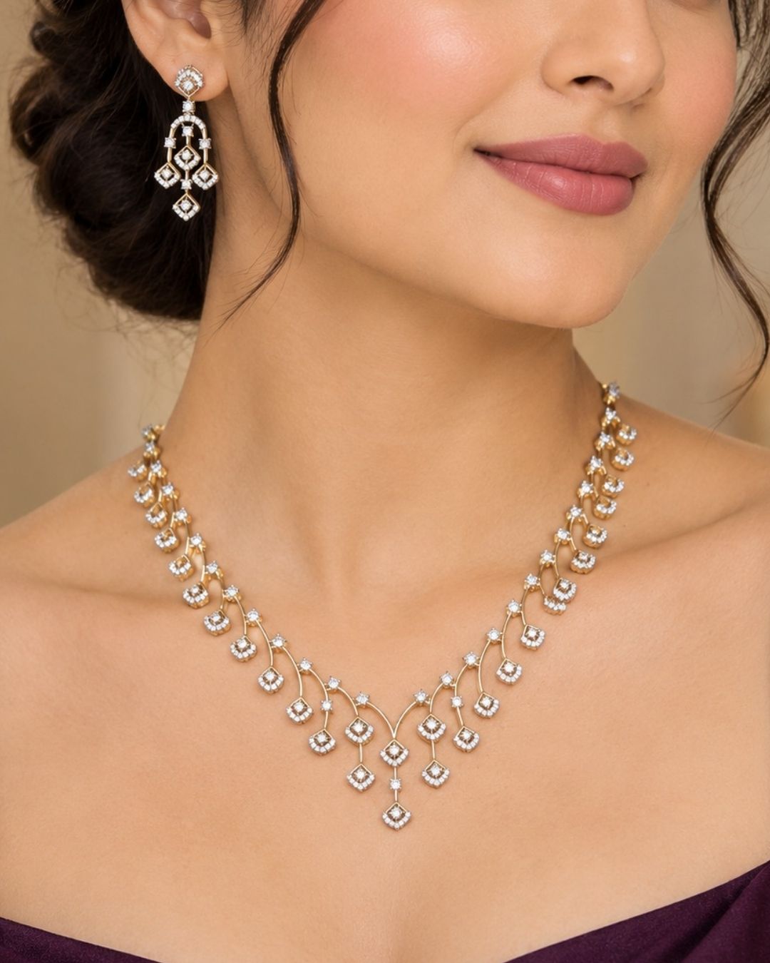 Zircon Diamond Gold Plated Droplets Necklace with Earrings