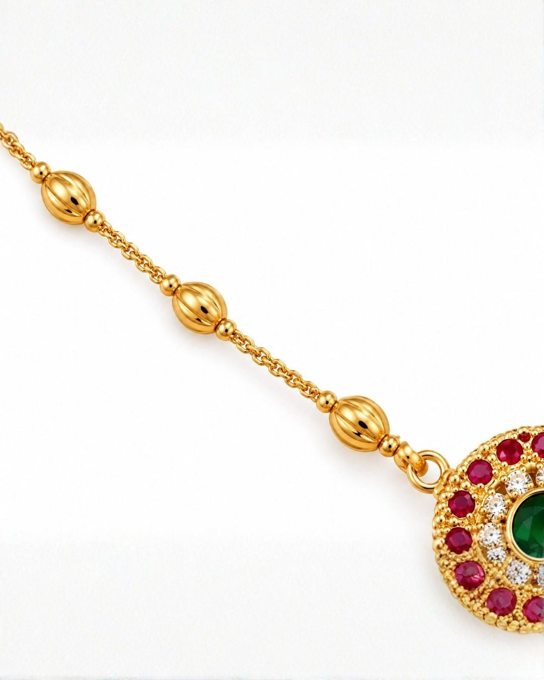 Gold Plated Green Stone Pendant Necklace with Ruby Accents