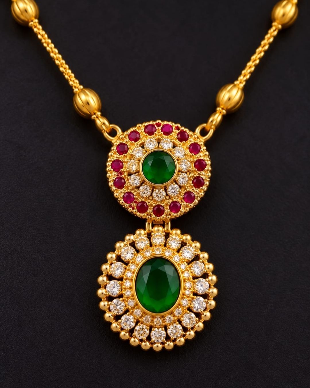 Gold Plated Green Stone Pendant Necklace with Ruby Accents