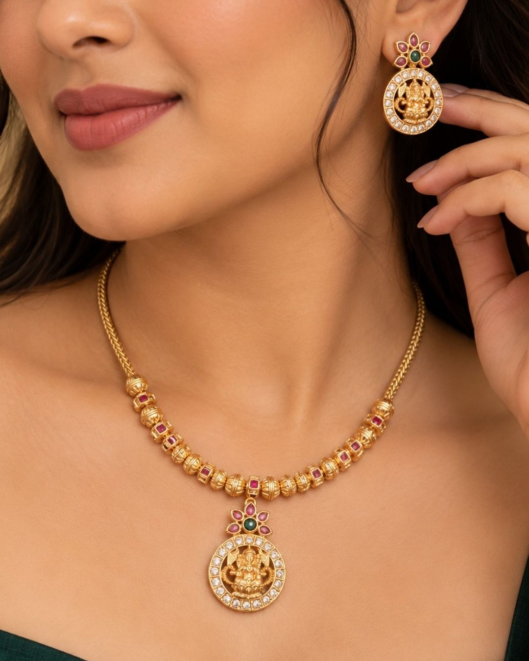 Kundan Gold Plated Mini Temple Lakshmi Necklace with Earrings