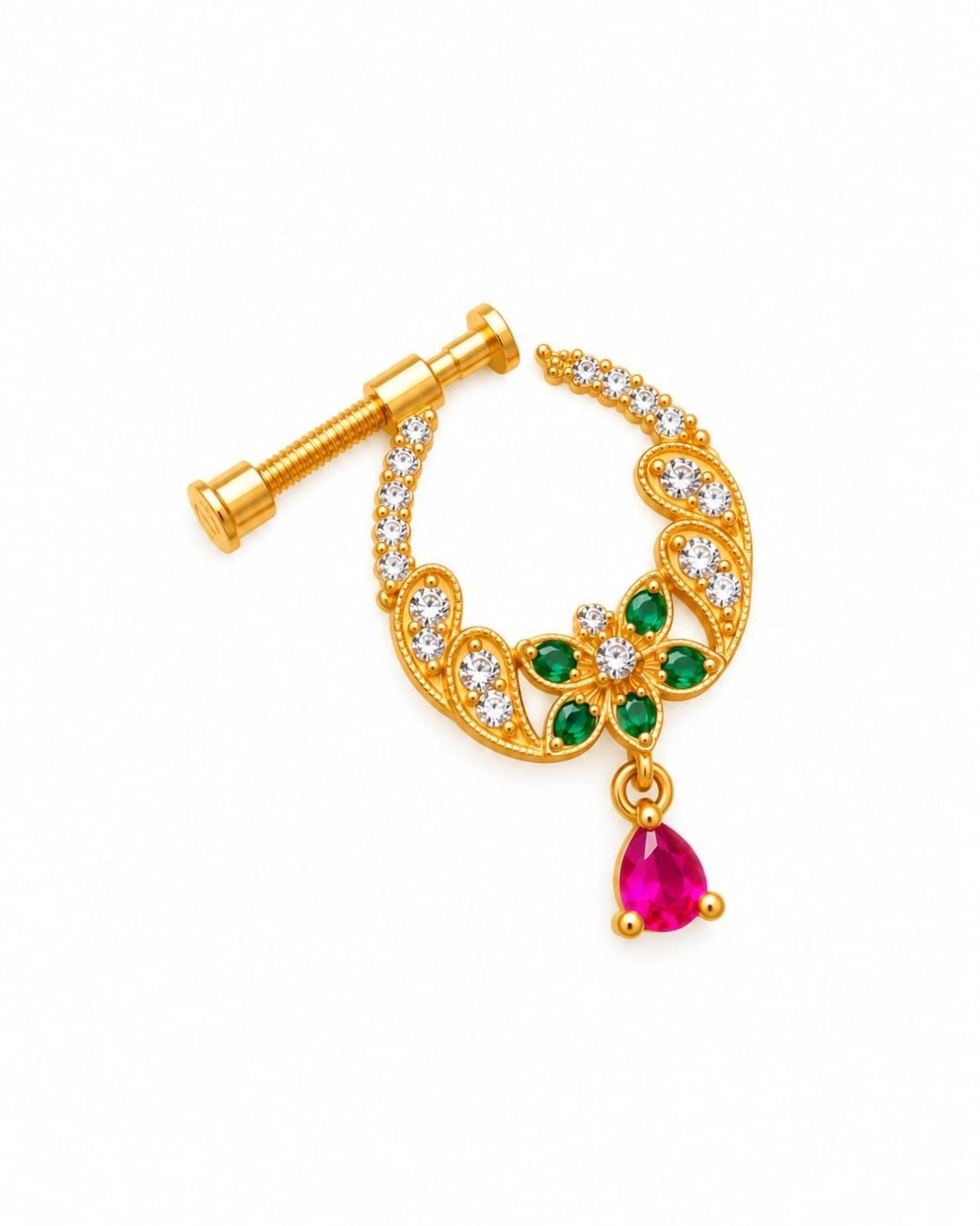 Gold Plated Floral Nose Pin with Green and Pink Stones