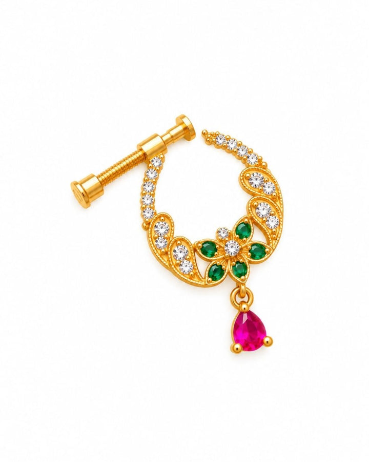 Gold Plated Floral Nose Pin with Green and Pink Stones