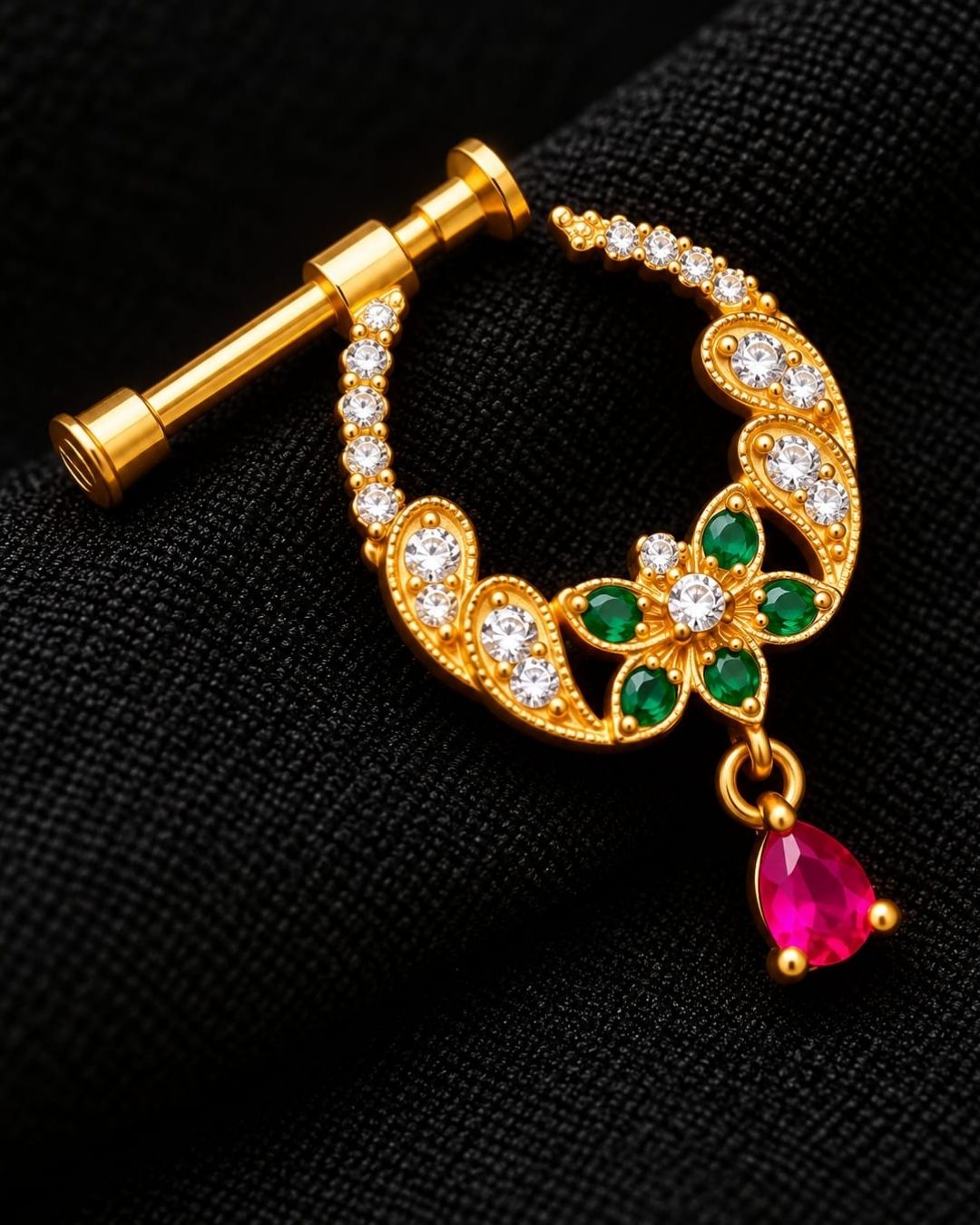 Gold Plated Floral Nose Pin with Green and Pink Stones