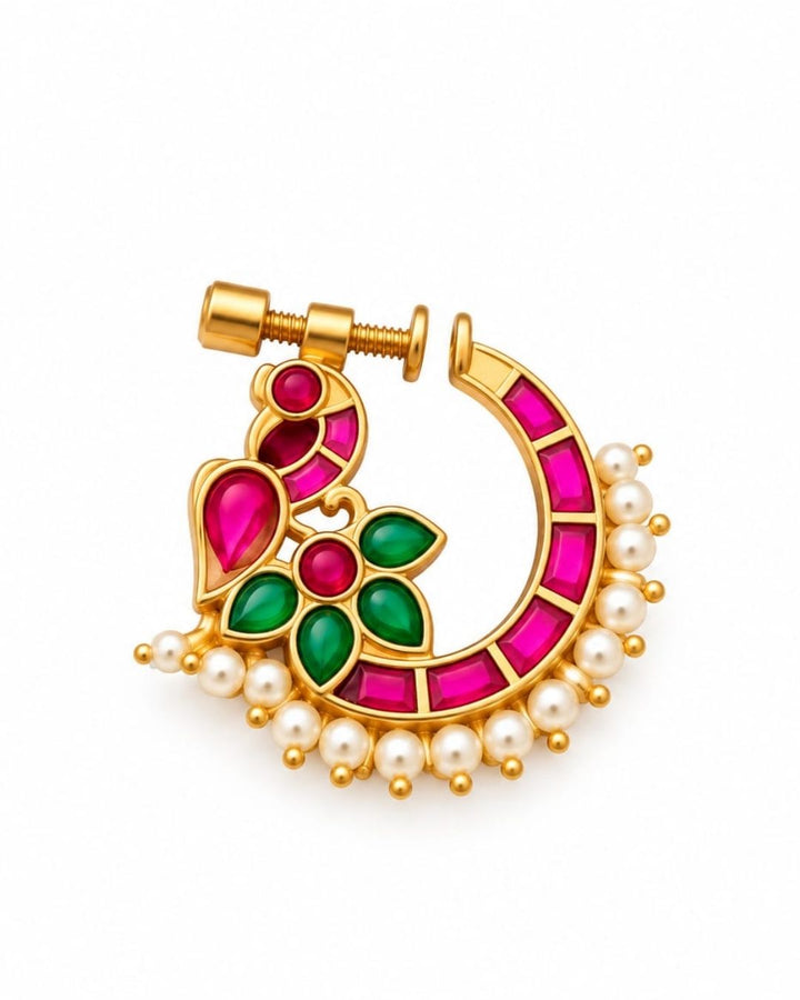 Gold Plated Peacock Nose Pin with Pink, Green &amp; Pearl Details