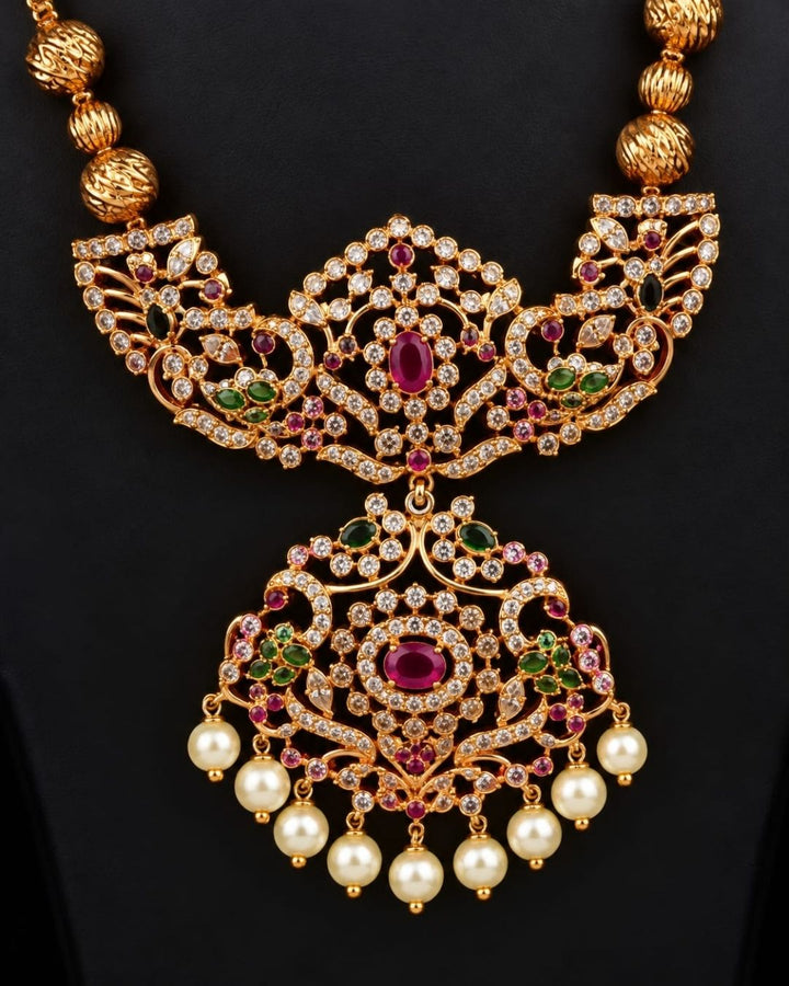Zircon Diamond Gold Plated Long Pearl Drop Necklace
