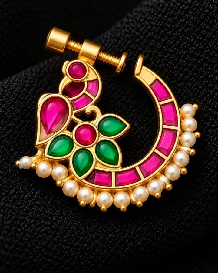 Gold Plated Peacock Nose Pin with Pink, Green &amp; Pearl Details
