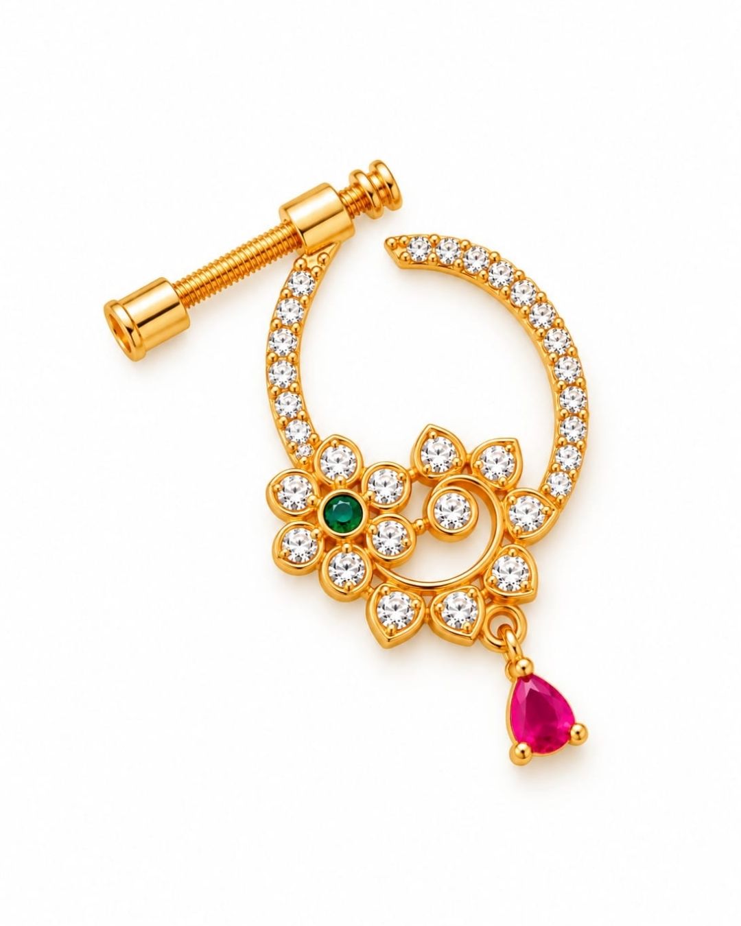 Gold Plated Floral CZ Nose Pin with Green and Pink Stones