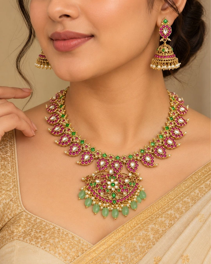 Gold Plated Jadau Mango Mala Necklace Set