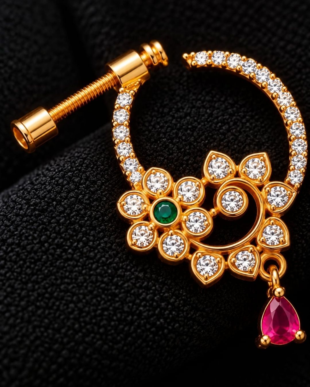 Gold Plated Floral CZ Nose Pin with Green and Pink Stones