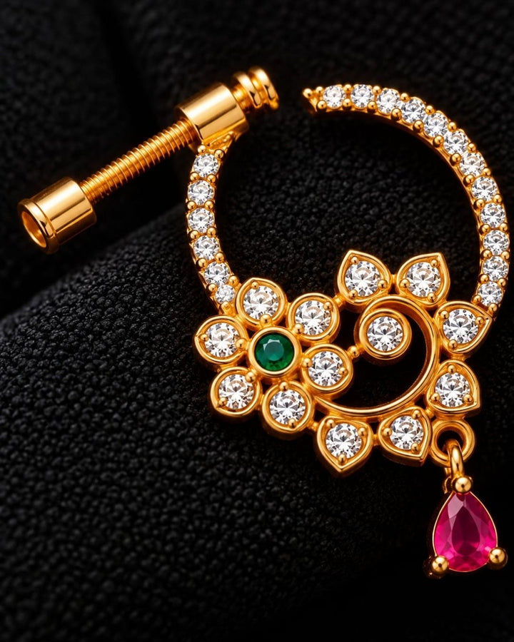 Gold Plated Floral CZ Nose Pin with Green and Pink Stones