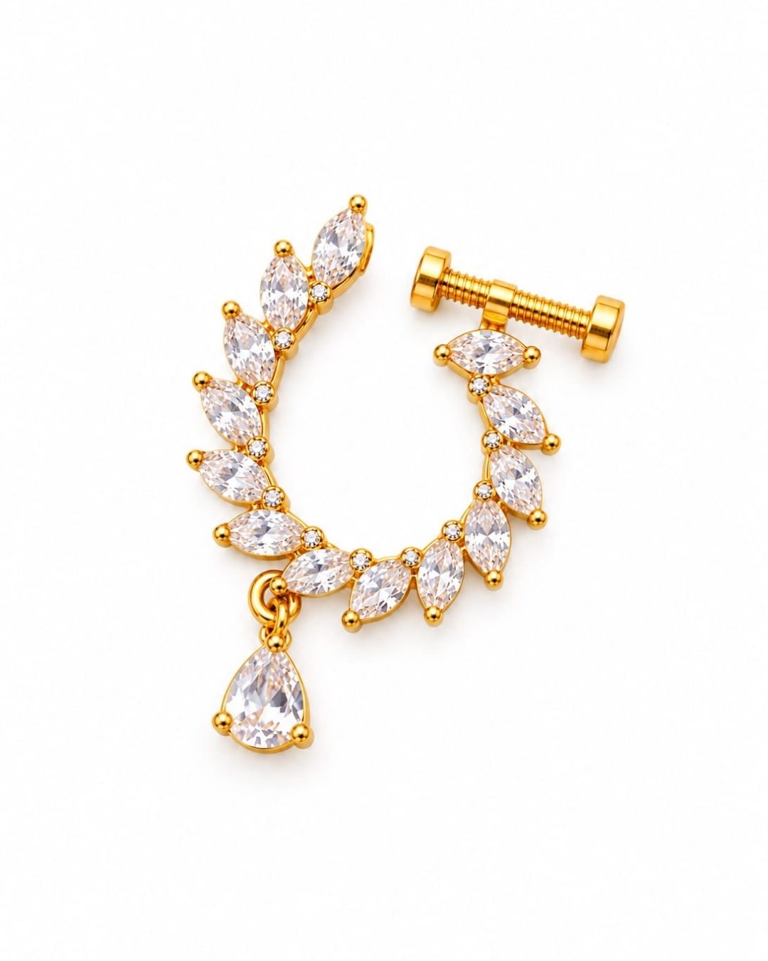 Gold Plated Crescent Nose Pin with Teardrop Stone