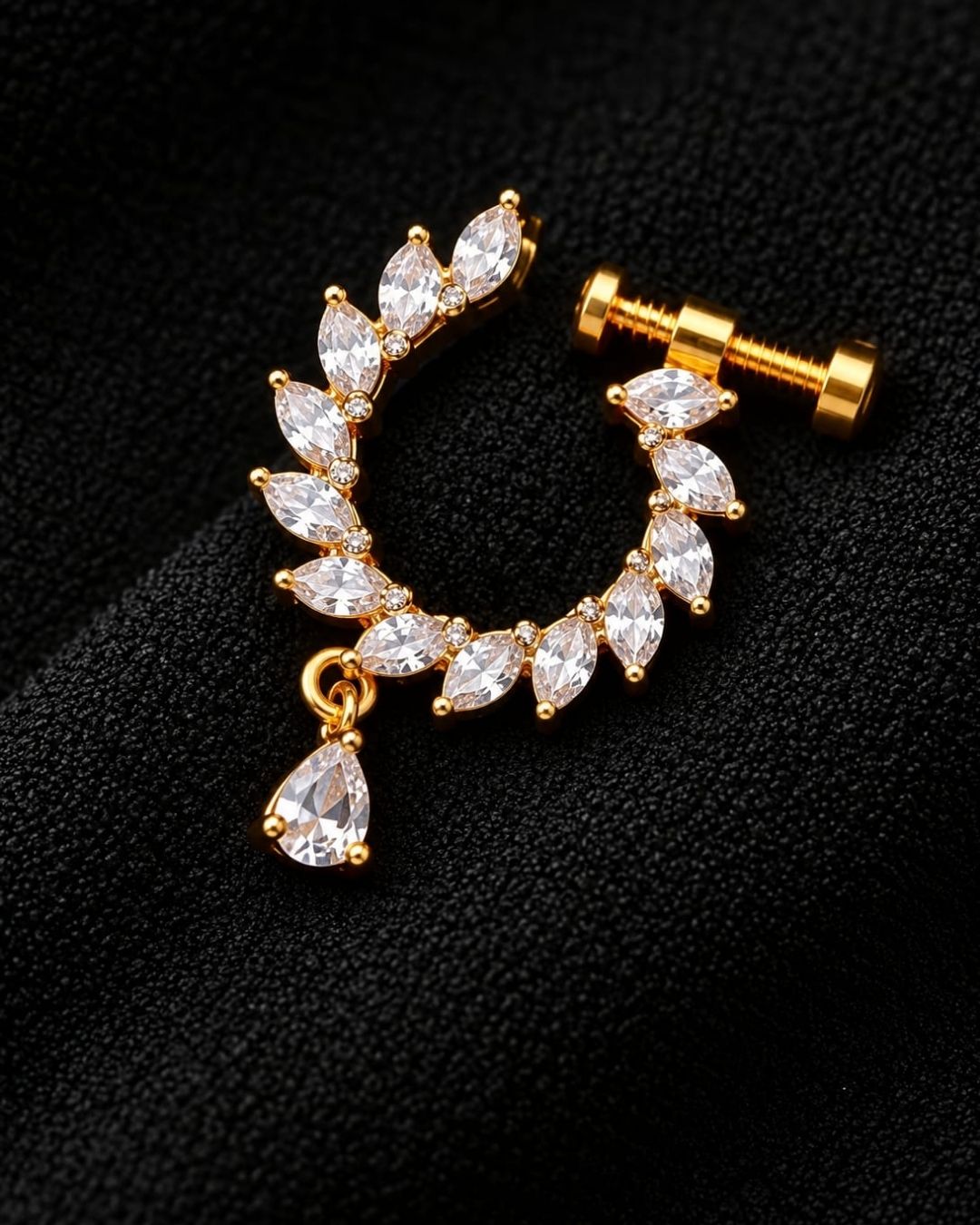 Gold Plated Crescent Nose Pin with Teardrop Stone