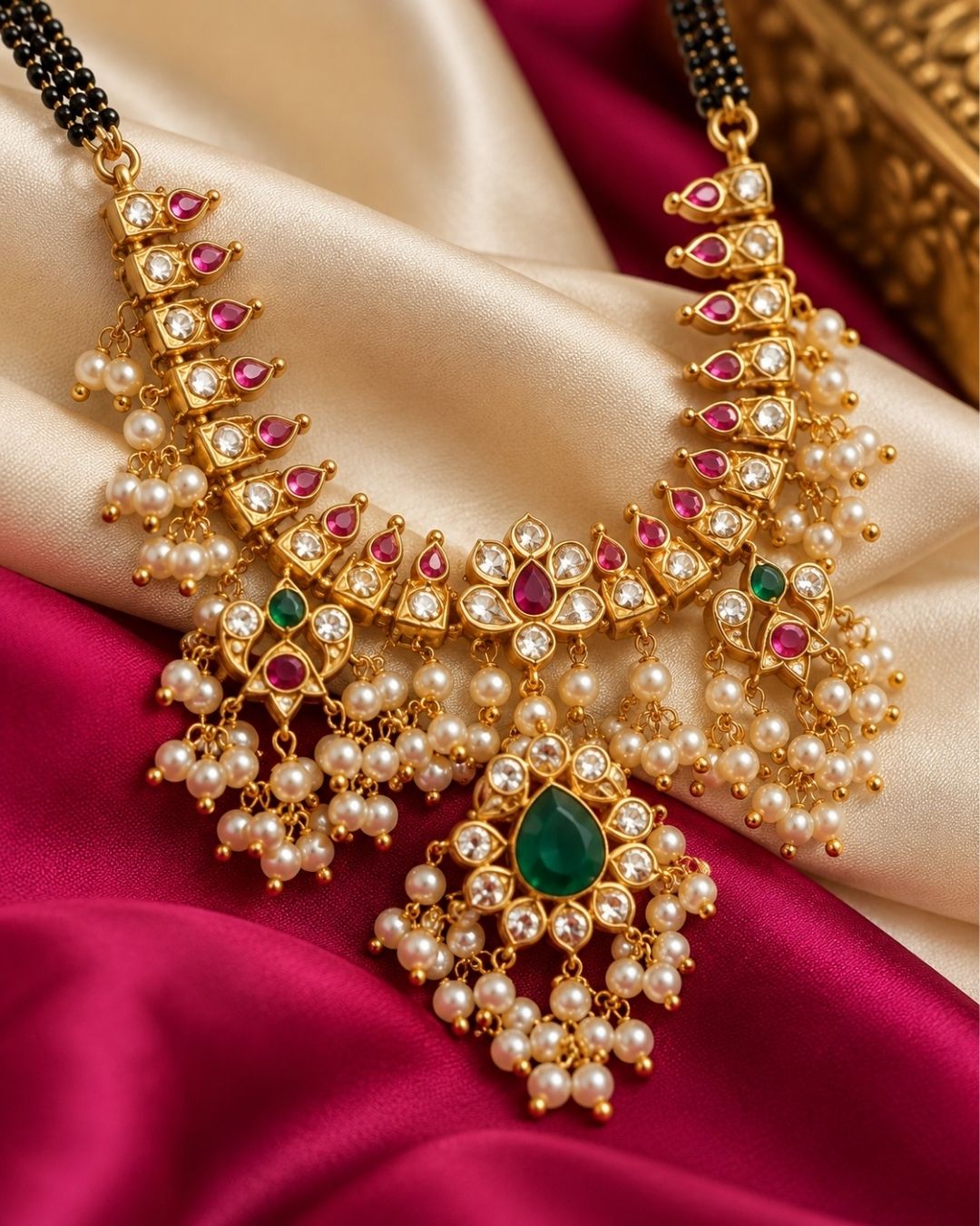 Jadau Kundan Gold Plated Guttapusalu Beaded Mangalsutra With Earrings g101200