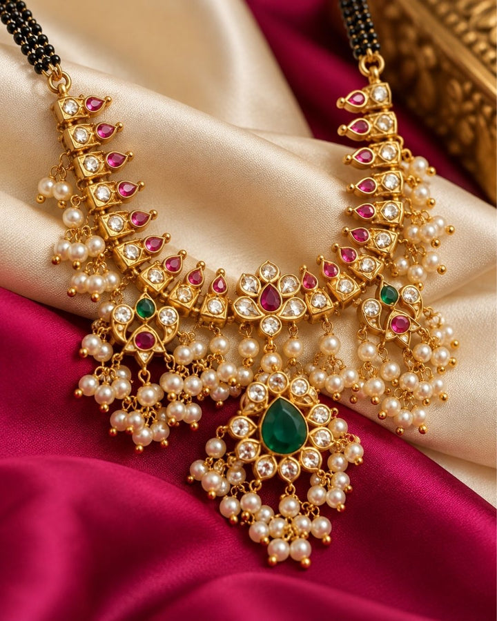 Jadau Kundan Gold Plated Guttapusalu Beaded Mangalsutra With Earrings g101200