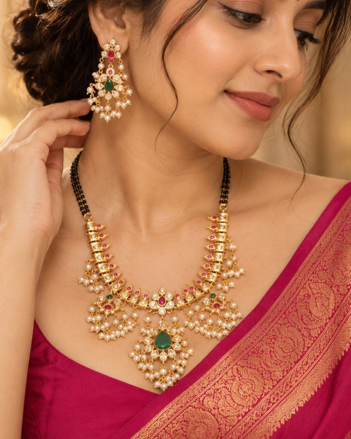 Jadau Kundan Gold Plated Guttapusalu Beaded Mangalsutra With Earrings g101200