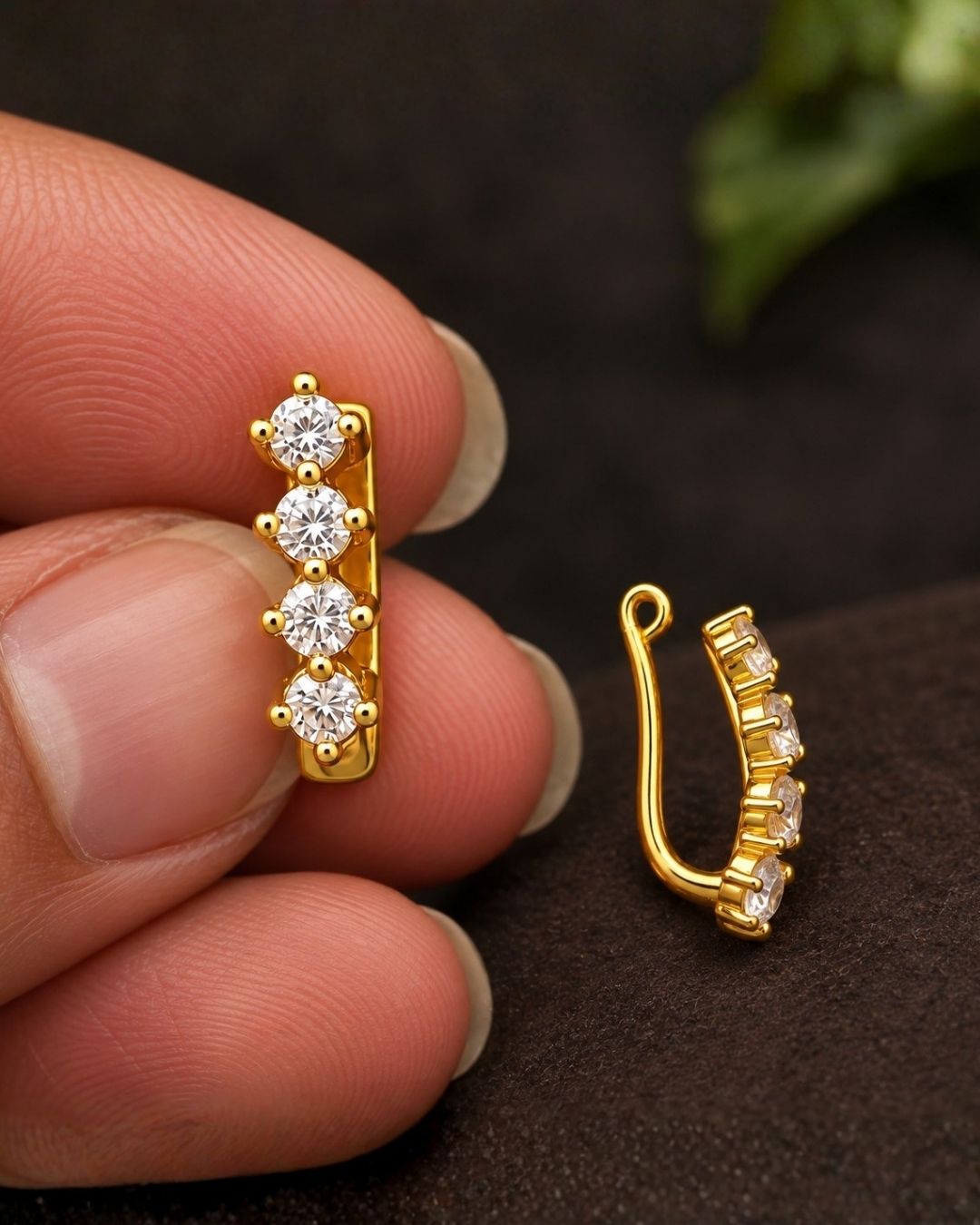 Gold Plated Zircon Diamond Strip Press Nose Pin / Nath