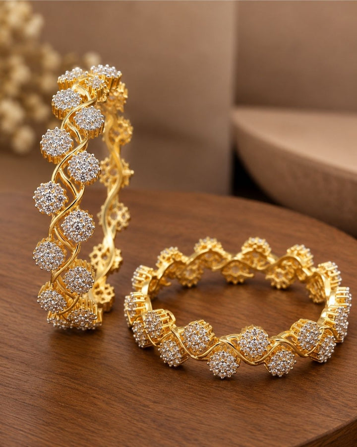 Zircon Diamond Gold Plated Floral Pattern Bangles
