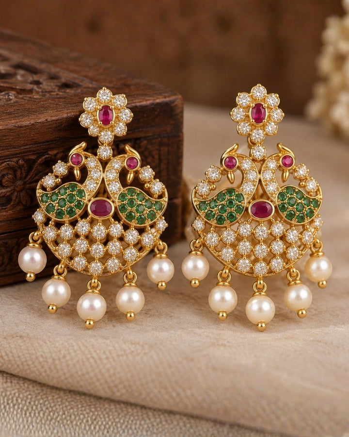 Zircon Diamond Gold Plated Long Pearl Drop Necklace With Earrings