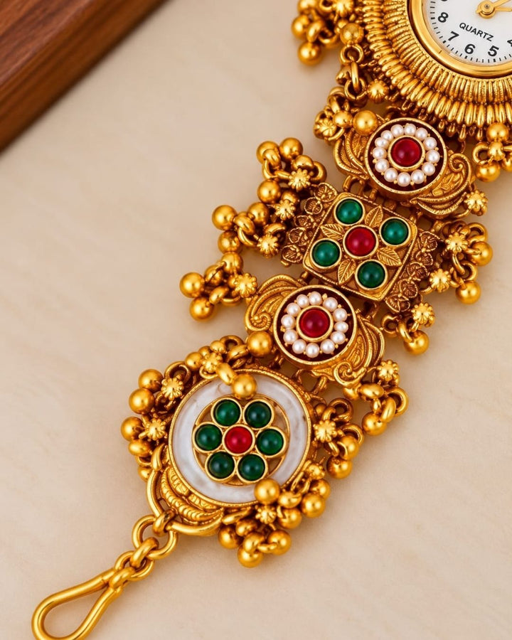 Gold Plated Traditional Watch Bracelet with Multicolor Stones