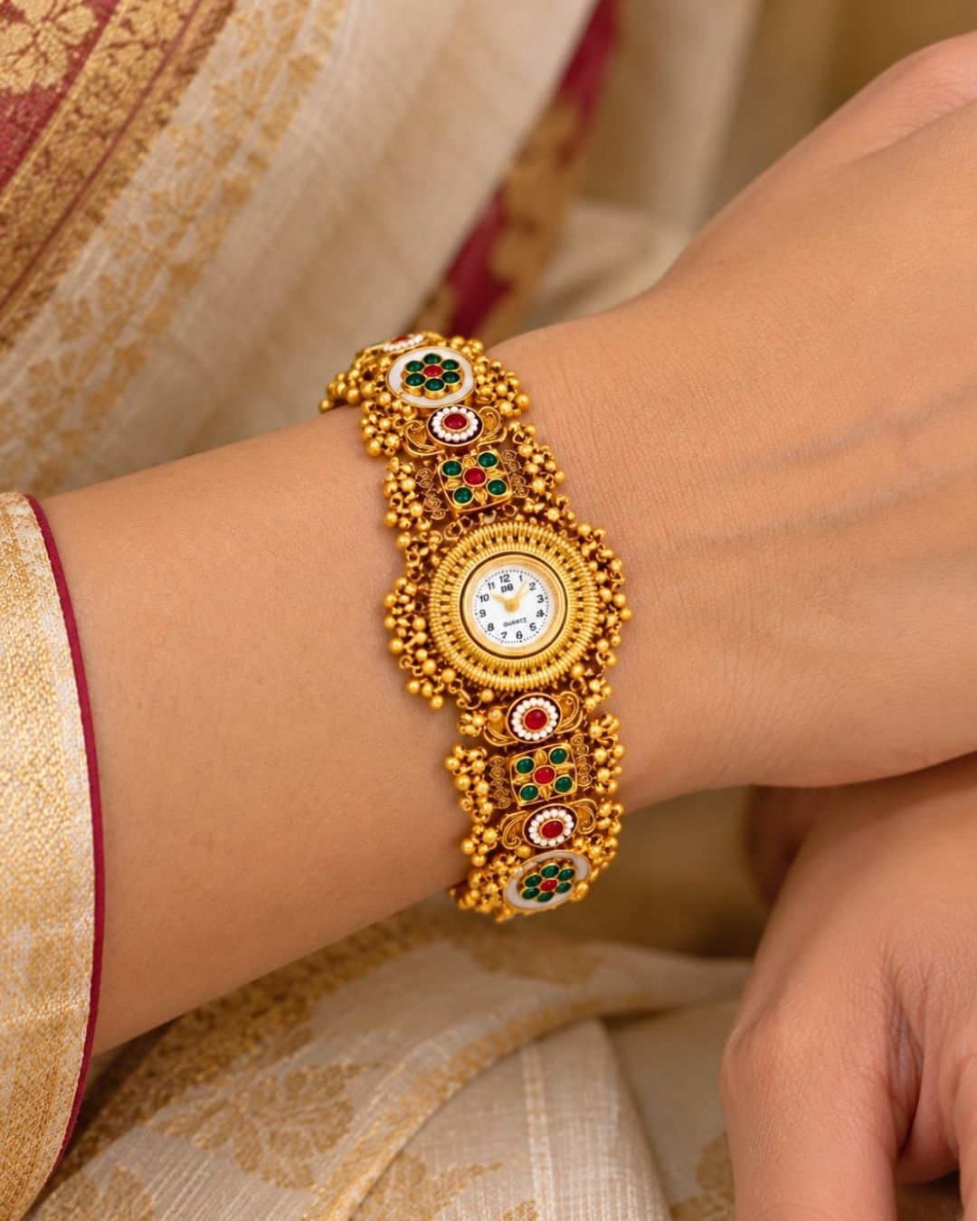 Gold Plated Traditional Watch Bracelet with Multicolor Stones
