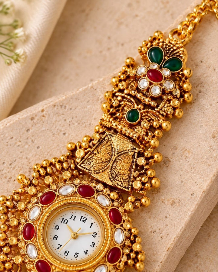 Jadau Kundan Gold Plated Wristwatch for Women