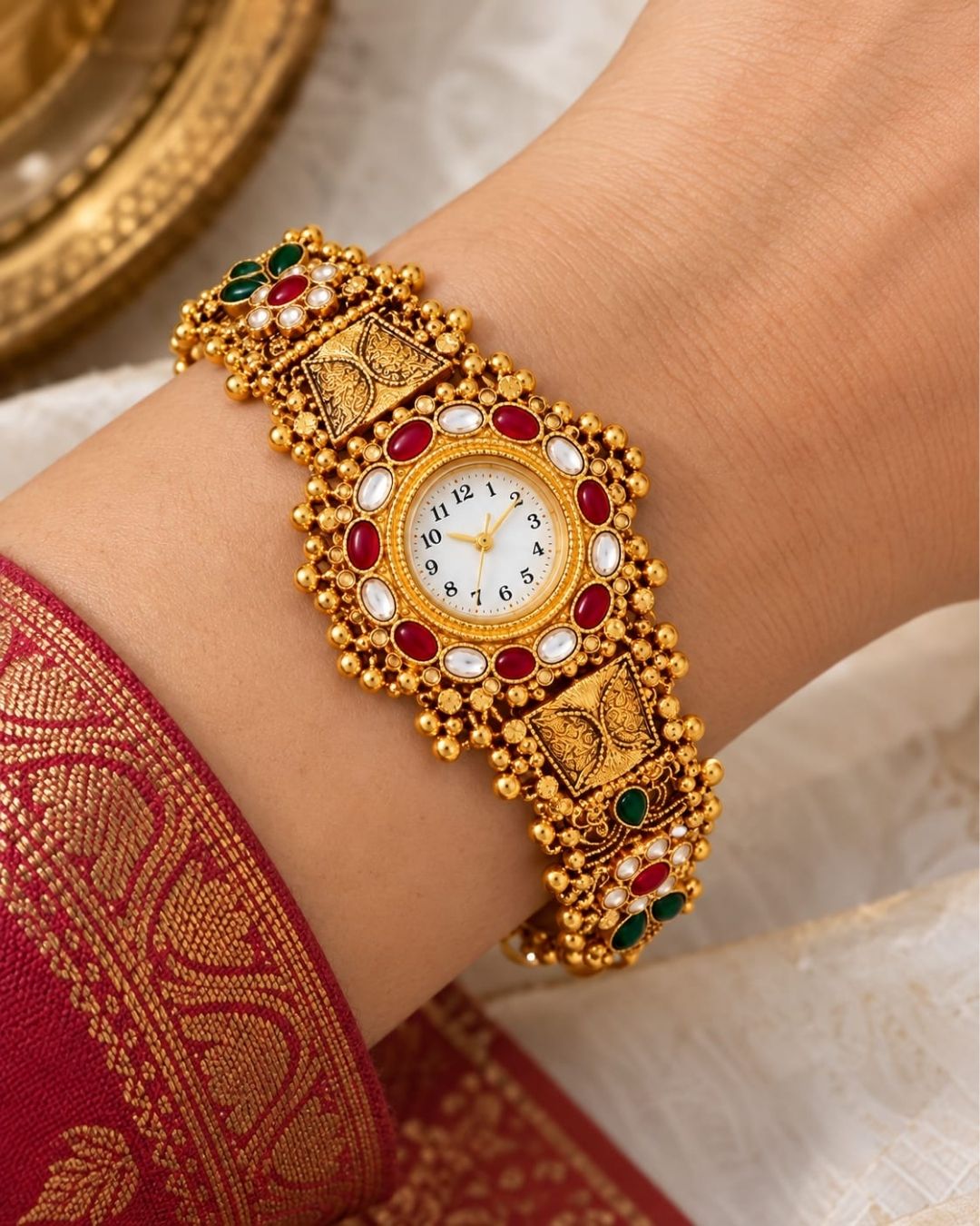 Jadau Kundan Gold Plated Wristwatch for Women