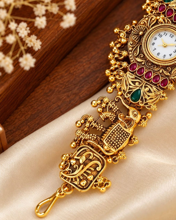 Gold Plated Antique Bracelet Watch with Intricate Elephant Design